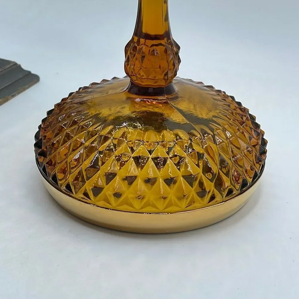 Vintage Indiana glass amber compote bowl diamond pattern pedestal
